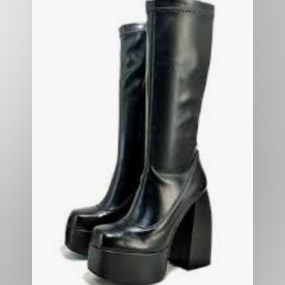 Yolkomo Black Platform Boots Womens Chunky Heel Square Toe Knee High Boot EU 41